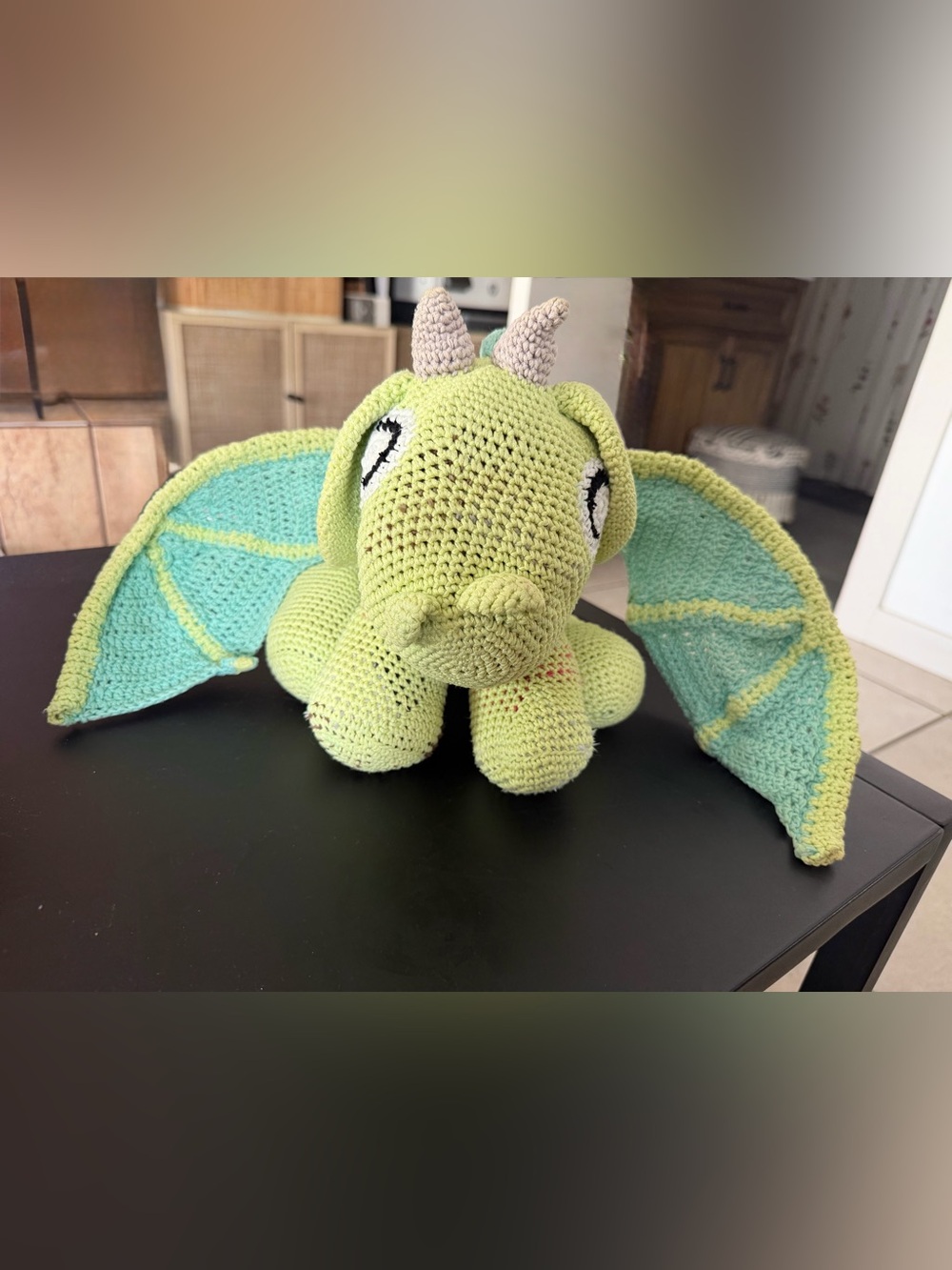 Handmade Crochet Dragon Plush 11” Green Amigurumi Poseable Wired Wings